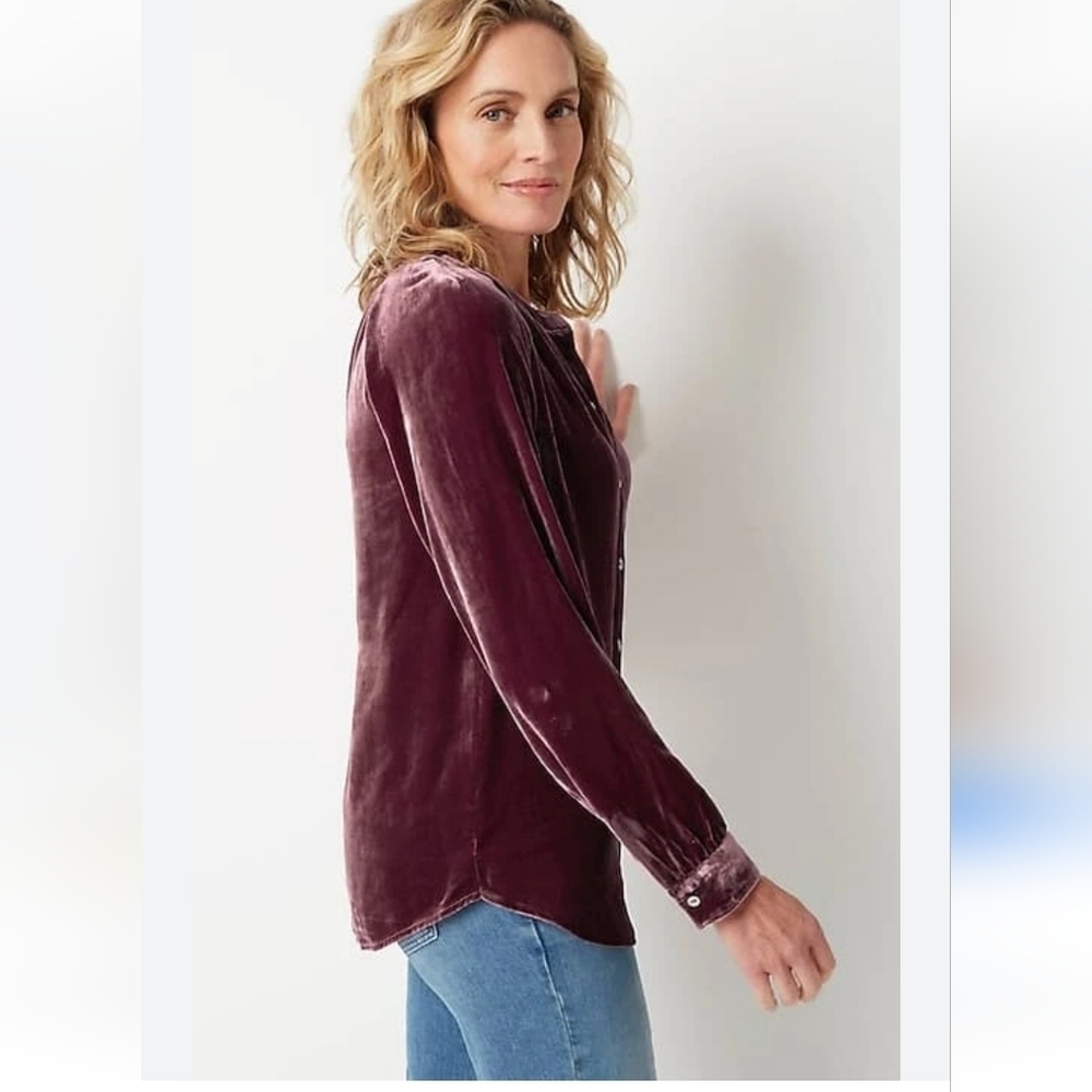 CHICO'S Velvet Button Down Blouse Collared Shirt Top Tunic Sz 1 Burgundy Casual
